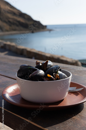 Mussels With Ocean Vista And Rustic Charm, Rustic Coastal Setting Featuring Fresh Seafood And Sunlight