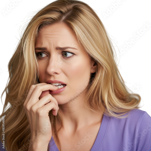 Worried young woman biting nails expressing anxiety and stress in close-up studio portrait transparent background