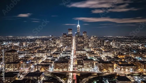 Aerial night view of downtown cityscape with illuminated skyscrapers
