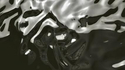 swirling abstract liquid surface in black and white with shiny reflections wavy patterns and glossy textures