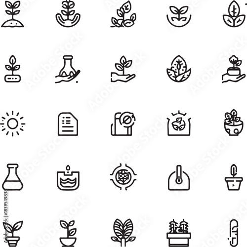 Plants and Leaf Growing, linear style icon set. various stages of plant growth, from seedlings to mature plants.
