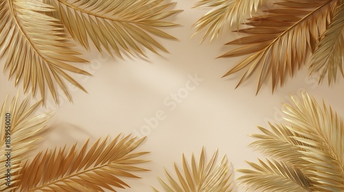 Flat-lay background for text, summer sale, featuring palm leaves of pastel tones against ivory background