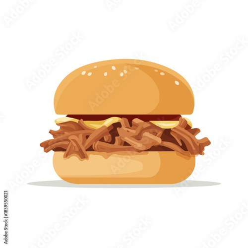 A simple and modern flat 2D vector of a Pulled Pork Sandwich, isolated on a pure white background.