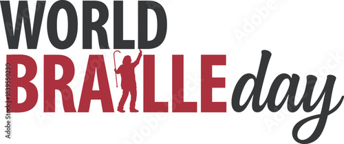 World Braille Day 4th January minimalist graphic with silhouette of blind person using a long cane; accessibility and vision awareness