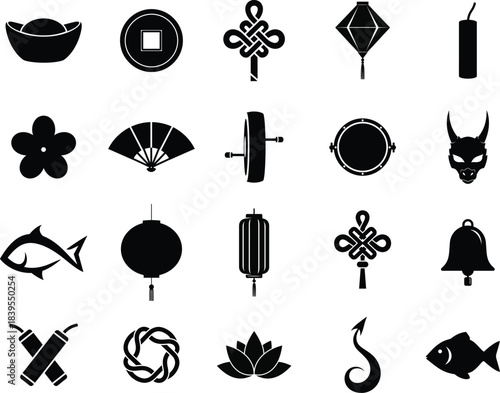 Collection of traditional east asian cultural symbols and decorative elements