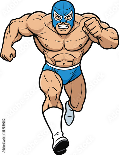 Cartoon wrestler character in action pose with blue mask, clenched fists and intense expression, flat vector illustration