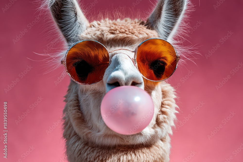 Obraz premium Cute Llama Wearing Sunglasses and Blowing Pink Bubble Gum Art
