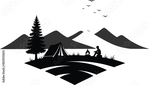 Minimalist silhouette of a campsite with mountains and a person by a fire
