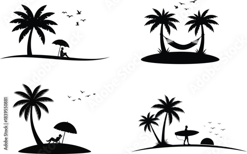 Tropical island silhouettes with palm trees hammocks and beach loungers
