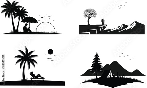 Minimalist tropical scenes with palm trees mountains and silhouettes in black