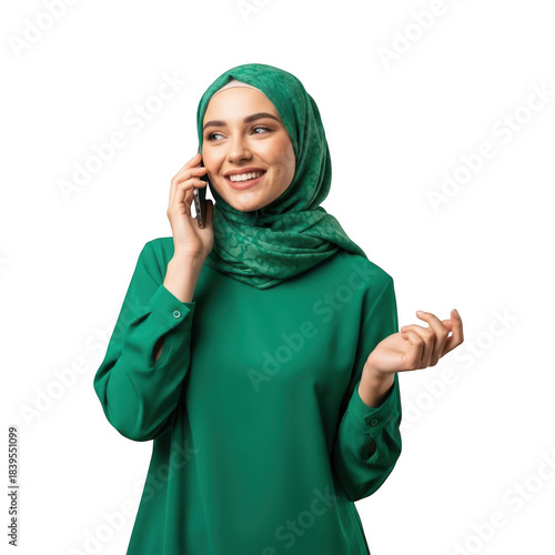Young muslim woman in green hijab talking on phone isolated on transparent background