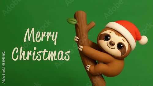 Christmas Sloth Wearing a Santa Claus Hat on a Branch with the words “Merry Christmas”. Seamless Loop