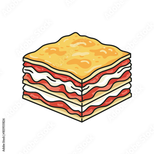 Square slice of layered lasagna with meat sauce and melted cheese, Italian food vector illustration isolated.