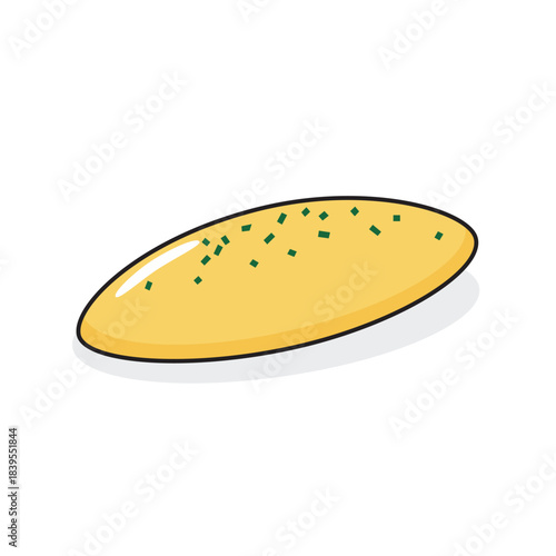 Folded yellow egg omelette sprinkled with green herbs or chives, a simple, delicious breakfast food flat vector icon.