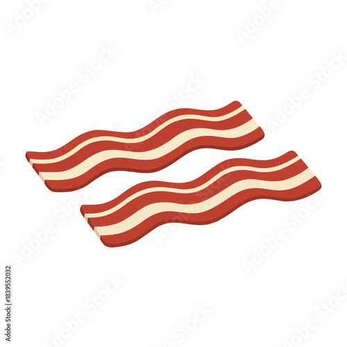 Two strips of fried crispy bacon with red and white stripes, breakfast food vector illustration isolated.