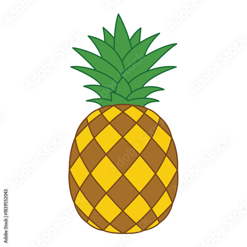 Fresh whole pineapple fruit with green leaves, tropical food vector illustration isolated on white.