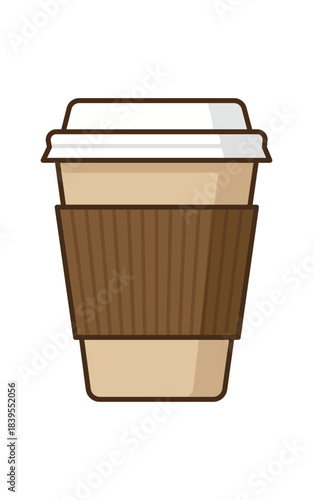 Disposable paper coffee cup with brown cardboard sleeve and white plastic lid vector illustration isolated.