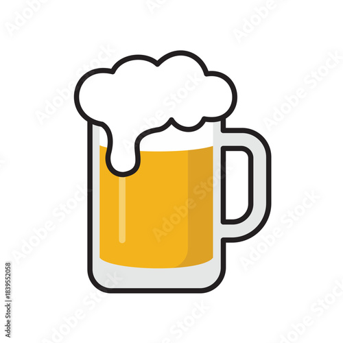 Large glass mug of cold yellow beer with frothy white foam head, alcoholic drink vector illustration.