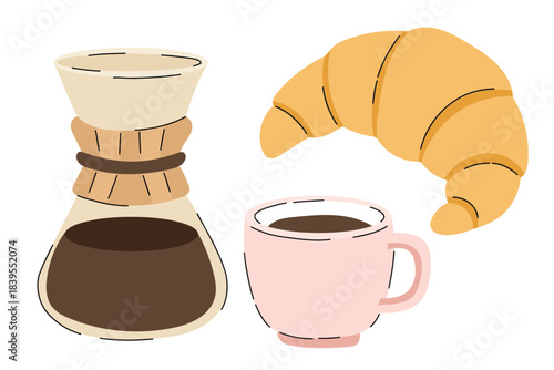 Coffee and croissant  set — minimalist pour-over coffee maker, pink coffee cup, and  golden croissant. Clean lines and soft colors make it suitable for café menus, bakery branding, food blogs.