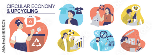 Circular economy and upcycling concept set for web design. Collection with people sorting and recycling waste, reduce garbage, reusing clothes and crafting, responsible business. Vector illustration.