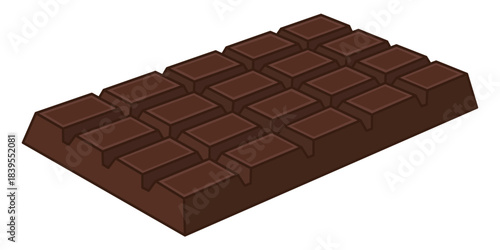 Whole dark chocolate bar with rectangular squares in isometric view, sweet food vector illustration isolated.