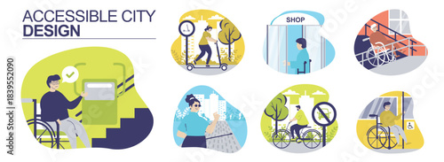 Accessible city design concept set for web design. Collection with people using wheelchair ramp or elevator, access to bus, pathway for blind person, bicycle or scooter roads. Vector illustration.