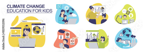 Climate change education for kids concept set for web design. Collection with people learning children eco awareness, boys and girls searching online and watching ecology video. Vector illustration.