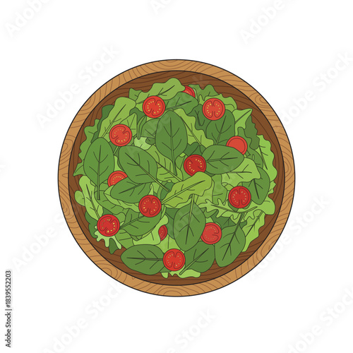 Top view of fresh green vegetable salad with spinach and cherry tomatoes in a wooden bowl vector illustration.