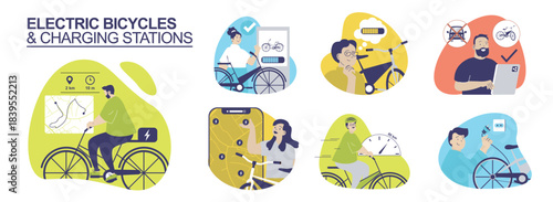 Electric bicycles and charging stations concept set for web design. Collection with people using eco bikes for urban transportation, tracking routes on map, charging battery. Vector illustration.