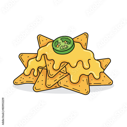 Crispy nachos chips with melted cheese sauce and green jalapeno slice, Mexican food vector illustration isolated.