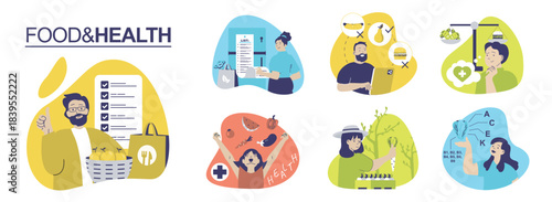 Food and Health concept set for web design. Collection with people planning healthy diet, shopping in grocery stores with lists, choosing meals with fresh vegetables and fruits. Vector illustration.