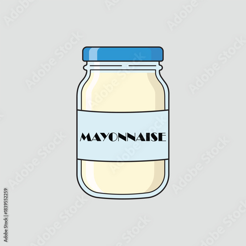 Glass jar of mayonnaise with blue lid and label, creamy white sauce vector illustration isolated.