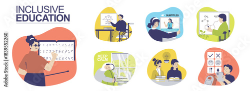 Inclusive education concept set for web design. Collection with people in wheelchair learning at classroom, blind person reads braille, deaf person watching lesson with subtitles. Vector illustration.