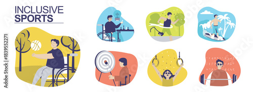 Inclusive sports concept set for web design. Collection with people in wheelchair playing ball or chess, blind person doing gymnastic or weightlifting, other physical trainings. Vector illustration.