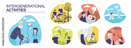 Intergenerational activities concept set for web design. Collection with people pastime together, grandparents playing tennis or football, cycling and swimming with children. Vector illustration.