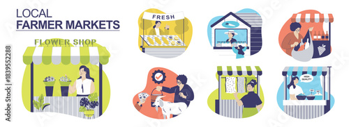 Local farmer markets concept set for web design. Collection with people work in flower shop, bakery kiosk, selling fresh vegetables, goat milk, wine, spicy and fabric textile. Vector illustration.