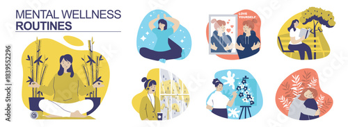 Mental wellness routines concept set for web design. Collection with people meditating, making mindfulness, practice yoga asanas, self acceptance, love yourself, doing hobby. Vector illustration.