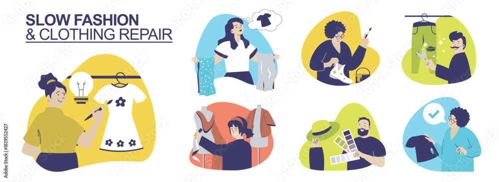 Fototapeta premium Slow fashion and Clothing repair concept set for web design. Collection with people choosing eco friendly clothes, upcycling fabric and sewing apparels, reusing and recycling. Vector illustration.