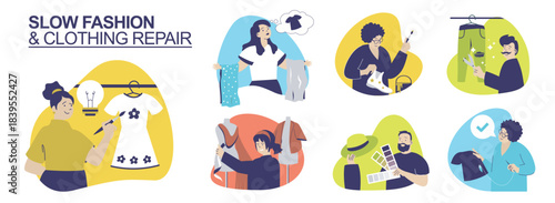 Slow fashion and Clothing repair concept set for web design. Collection with people choosing eco friendly clothes, upcycling fabric and sewing apparels, reusing and recycling. Vector illustration.