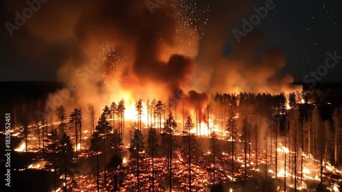 Wildfire Rages Through Pine Forest at Night Illuminated by Intense Orange Flames and Smoke Against a Dark Sky with Stars