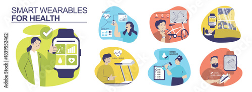 Smart wearables for health concept set for web design. Collection with people using wristwatch with data trackers for pulse, running, cycling, route tracking, water balance. Vector illustration.