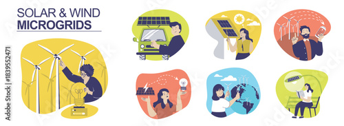 Solar and wind microgrids concept set for web design. Collection with people using wind turbines and solar panels at house rooftop or car, renewable power generation home system. Vector illustration.
