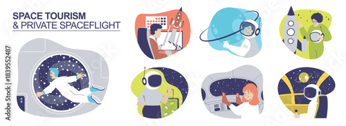 Space tourism and private spaceflight concept set for web design. Collection with people flying in cosmos tour at commercial spaceship, astronauts explorating galaxy in travel. Vector illustration.