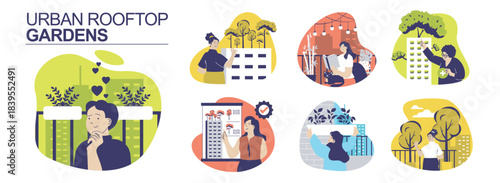 Urban rooftop gardens concept set for web design. Collection with people gardening at their balcony and house spaces, growing plants in containers, creating green urban jungle. Vector illustration.
