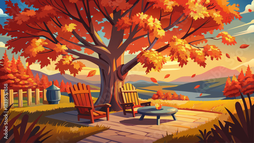 Very beautiful radiant maple tree glowing with red and orange leaves beside wooden resting chairs. A peaceful autumn retreat offering warm colors and quiet comfort in Vermont’s countryside.