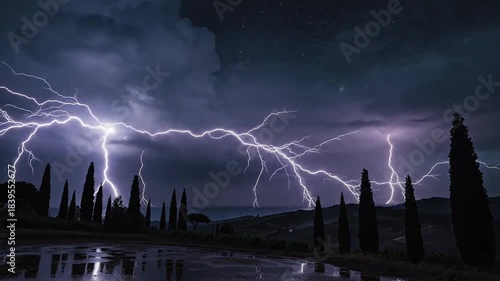 Dramatic thunderstorm with bright lightning strikes illuminates a rolling landscape dotted with cypress trees under a dark starry night sky with dramatic clouds reflecting in wet ground.