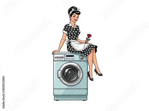 Illustration of a housewife sitting on top of a washing machine, isolated on white background