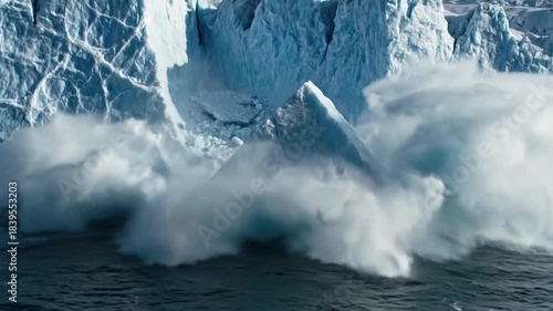 Massive Iceberg Calving Into Arctic Ocean Under Bright Sunlight With Dramatic Splash and Chunks Breaking Off Towering Blue Glacier Wall Textured With Cracks and Ice Formations