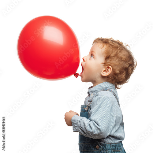 Child With Curly Hair Looking at Red Balloon During Fun Moment in Indoor Setting