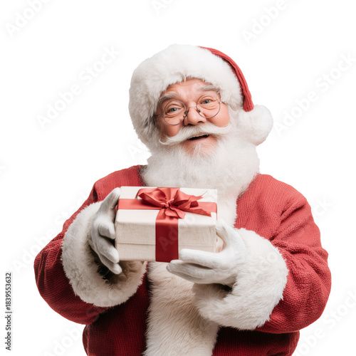 Santa Smiles While Holding a Gift in His Hands During the Holiday Season in a...